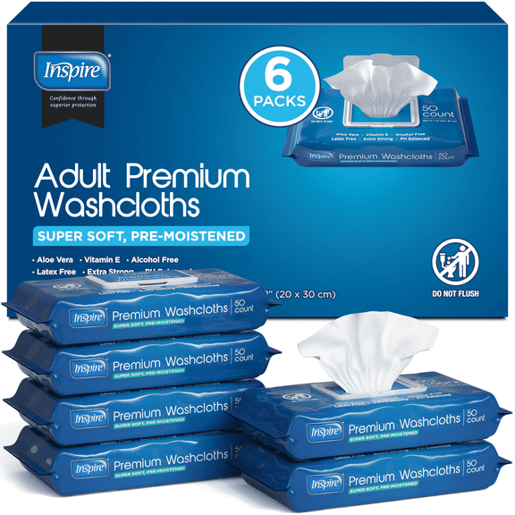 Inspire Adult Wet Wipes, Adult Wipes for Incontinence & Cleansing, Large Wipes 8"x12", 6 packs of 50