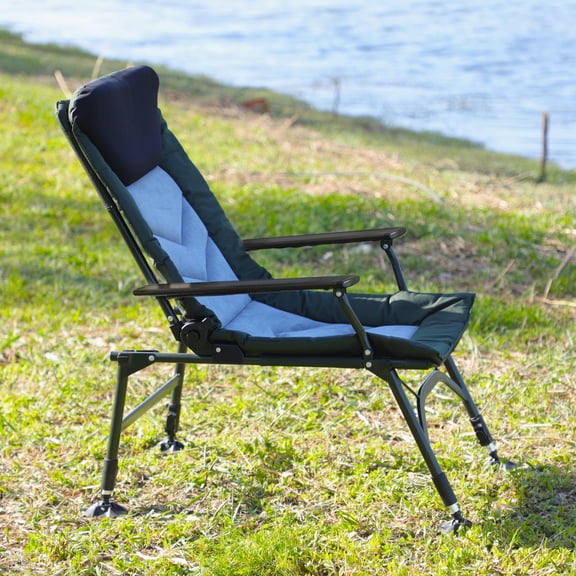 Camping Lounge Chair, Portable Folding Reclining Camping Chair with Adjustable backrest for Indoor and Outdoor Camping Beach Hiking Fishing, Green black grey