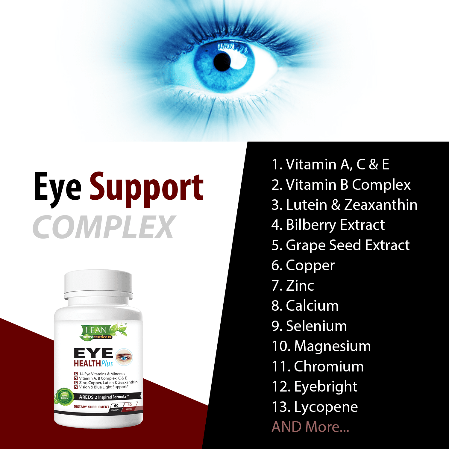 LEAN Nutraceuticals Eye Health Plus with Vitamins A B C E, Lutein, Zeaxanthin, Zinc, Bilberry - 60 Capsules