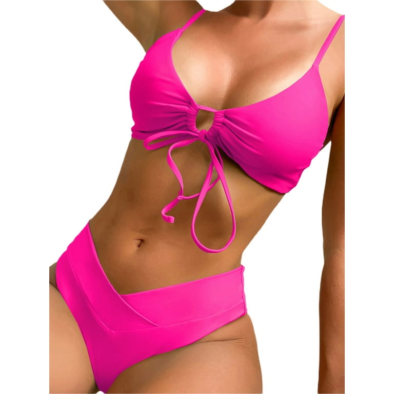 Lamuusaa Women Bikini Set, Lacing Bra with Low Waist Briefs Summer Solid  Color Bathing Swimsuit