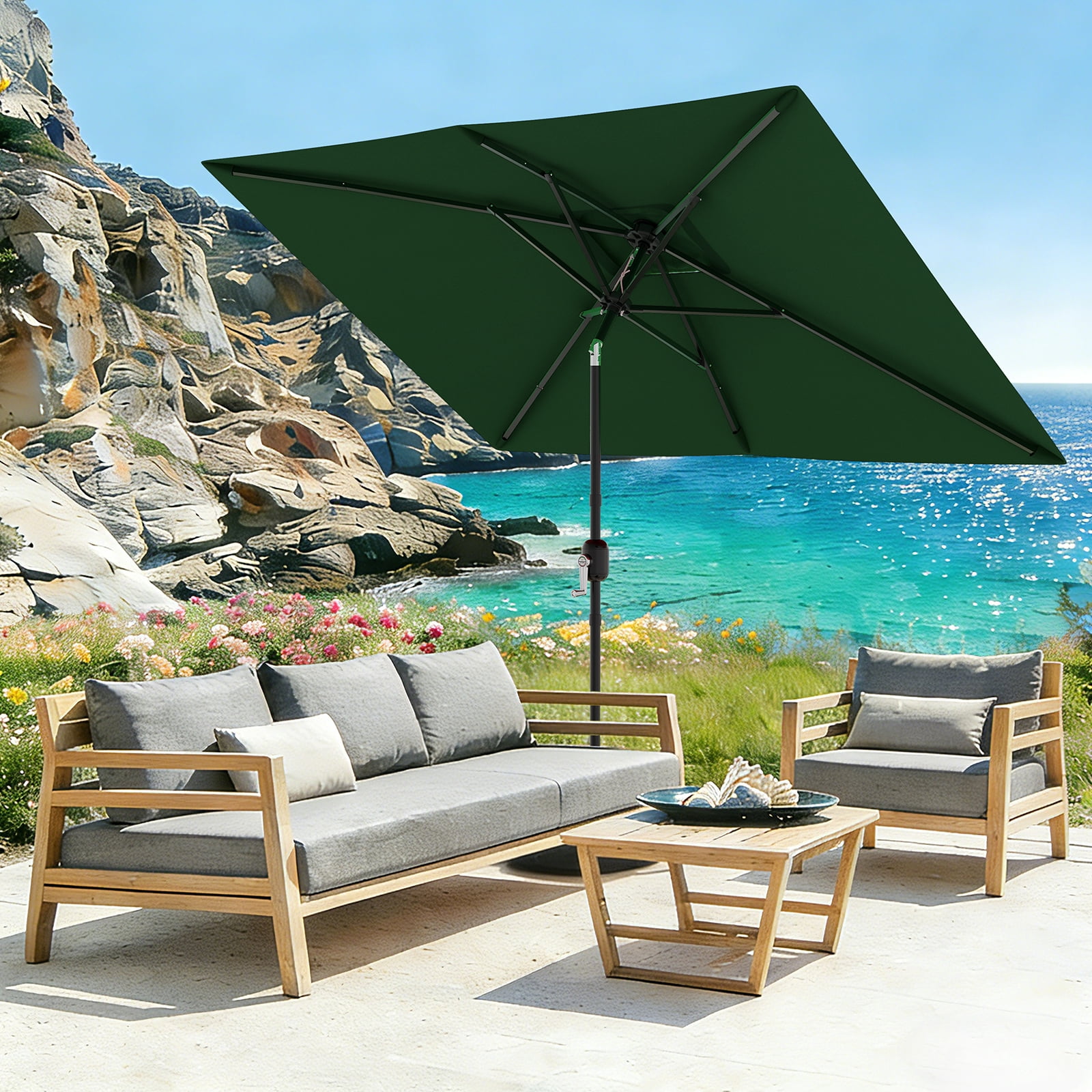 10' x 6.5' Patio Umbrella, Outdoor Table Umbrella, Metal Pole Square Outdoor Umbrella with Crank and Push Button Tilt,  Market Umbrella Sun Umbrella for Garden, Deck, Lawn, Pool-No Lamp&No Base