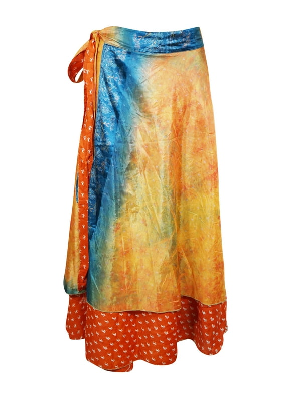 Mogul Womens Beach Long Wrap Skirt Orange Printed Skirts One Size