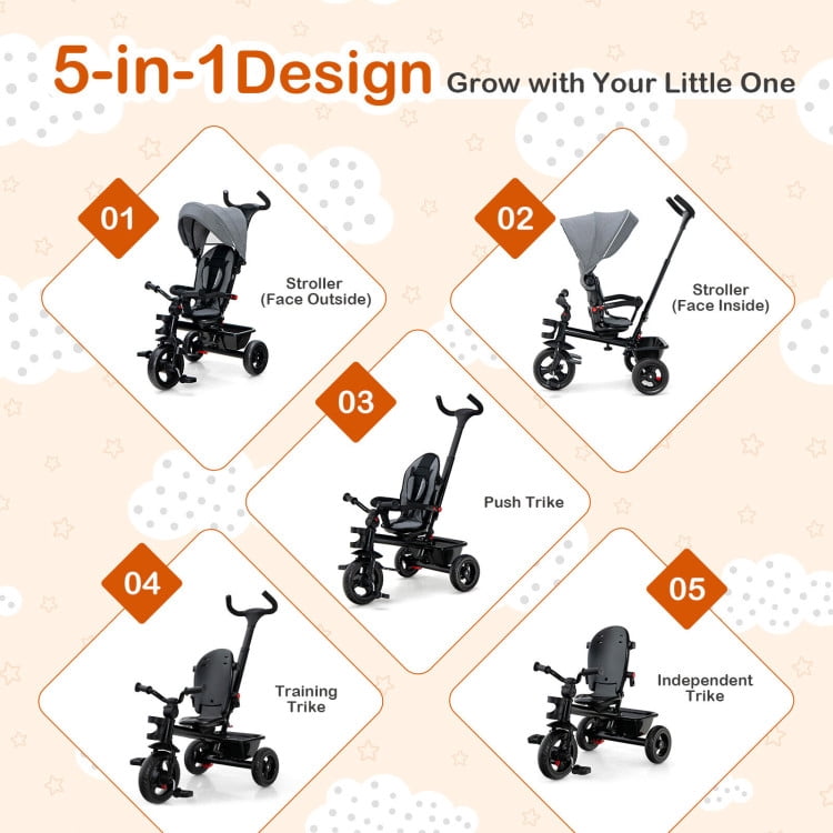 Spaco 4-in-1 Baby Tricycle Toddler Trike with Convertible Seat-Gray, Compact Stroller for Infant & Toddler