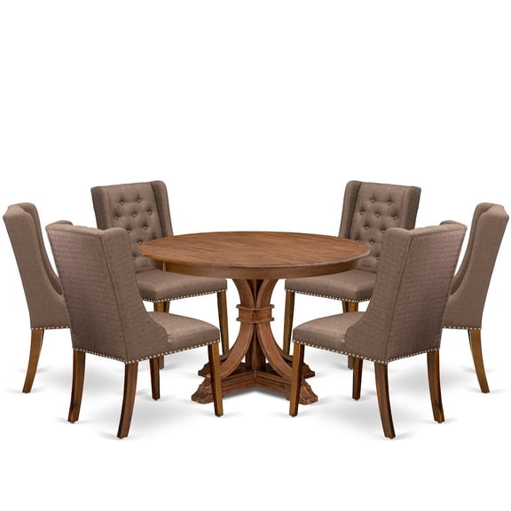 Luxe by East West Furniture 7-Piece Dining Table Set A Dining Table, 6 Brown Linen Fabric Dining Chairs