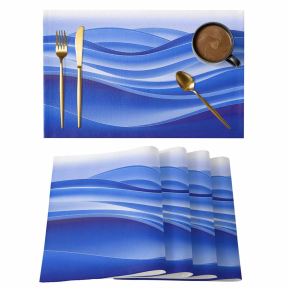 Blue Striped Placemats Set of 4, Modern Abstract Art Wave Moire Gradient Placemats for Dining Table, Place Mats for Kitchen Tabletop, Waterproof Wipeable Dining Table Mats Set