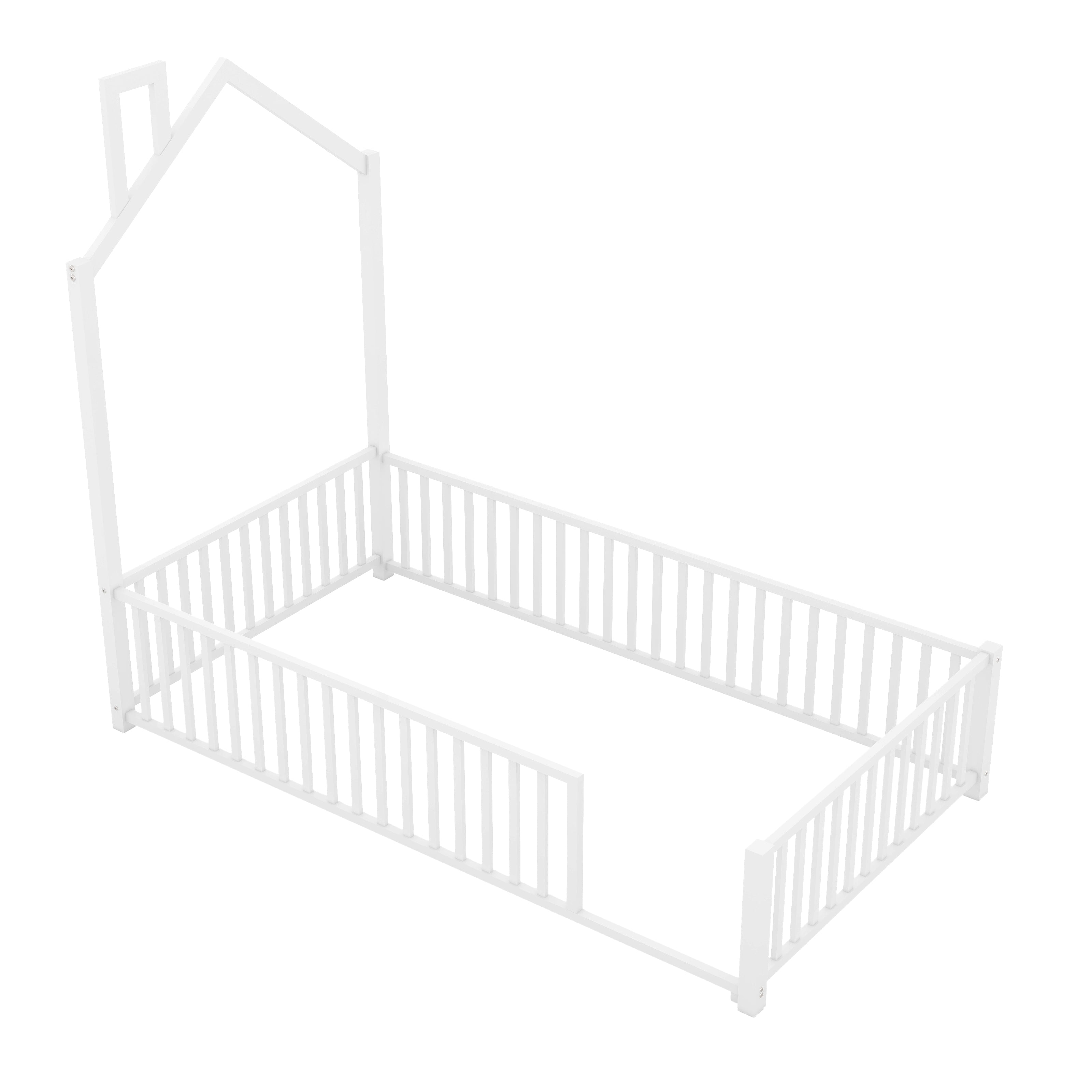 MODERNLUXE Twin Size Platform Bed Frame, House Floor Bed with Guardrail and Chimney, White
