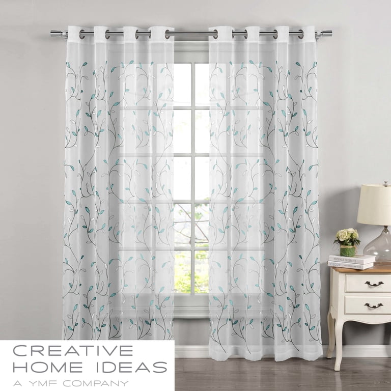 Creative Home Ideas Embroidered Sheer Curtain Blue photo 3