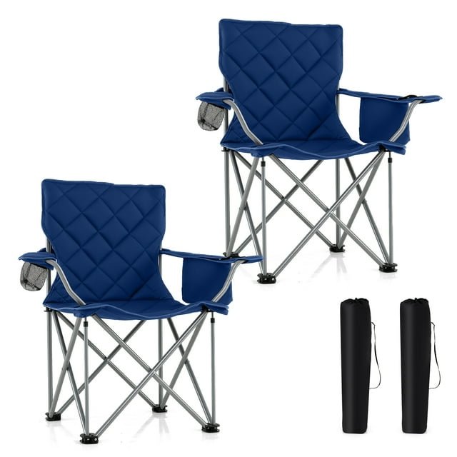 Gymax 2 Pcs Chaises de Camping Surdimensionnées Chaise Pliante d'Extérieur Robuste avec Pochette pour Glacière Bleu Marine