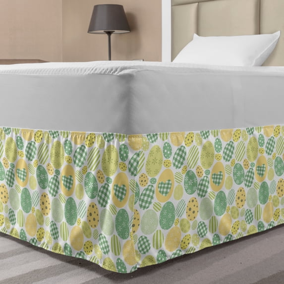 Easter Bunny Bed Skirt, Illustration of Pastel Tones Dyed Easter Eggs Holiday, Elastic Bedskirt Dust Ruffle Wrap Around for Bedding Decor, 4 Sizes, Pastel Yellow White, by Ambesonne