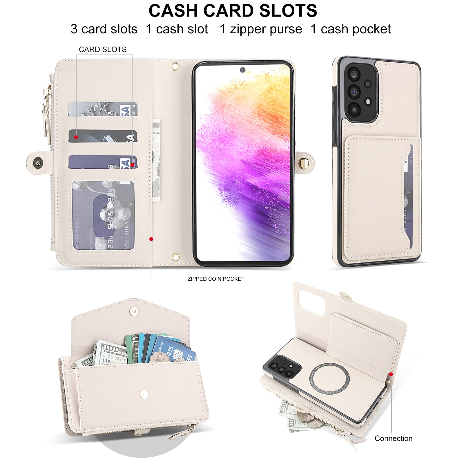 Designed for Samsung Galaxy A14 5G Multi-Function Wallet Phone Case,With Shoulder Strap&Wrist Strap,Cash Pocket&Card Slots,Zipper Purse,Magnetic Detachable PU Leather Flip Phone Case,White