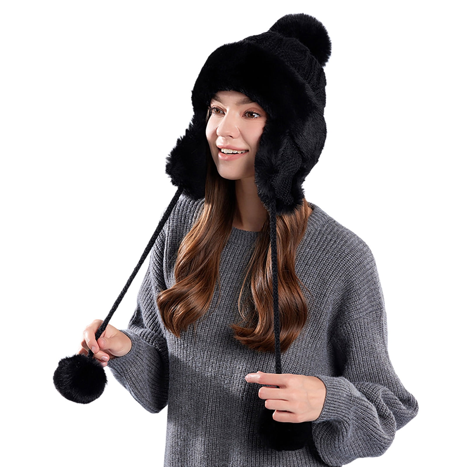 Womens Thick Knit Faux Fuzzy Fur Pom Fleece Lined Beanie 