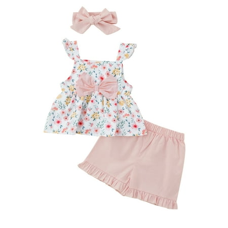 

Frobukio 3Pcs Kids Toddler Girls Summer Outfits Floral Print Square Neck Tank Tops + Frill Trim Shorts + Hairband Set Light Pink 4-5 Years