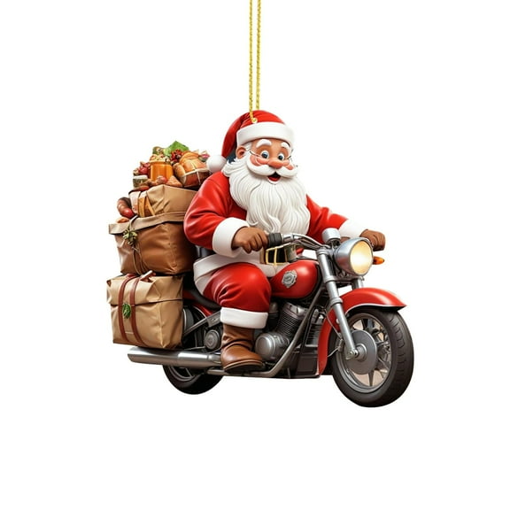 2D Christmas Santa Riding Motorcycle Pendant Decoration Christmas Tree Double Printed Acrylic Santa Riding Motorcycle Pendant Decoration Interesting Decoration for Christmas