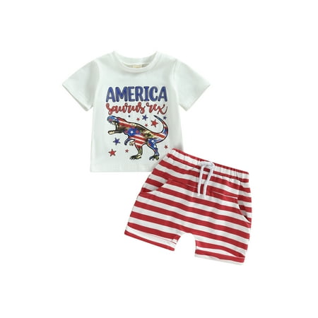 

Bagilaanoe 4th of July Clothes for Newborn Baby Boys Short Sleeve Letter Print T-shirt Tops + Striped Shorts 6M 12M 18M 24M 3T Kids Independence Day Outfits 2pcs Short Pants Set