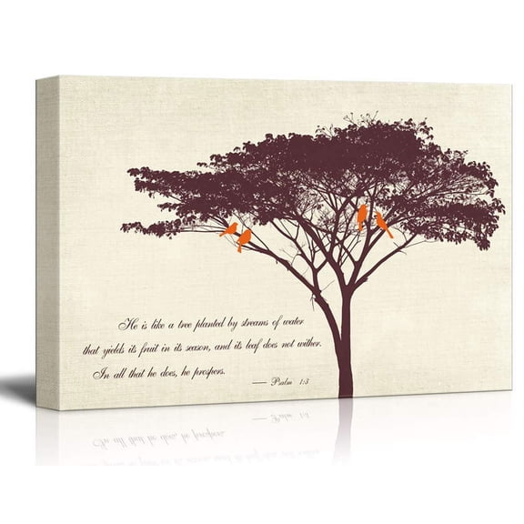 wall26 - Canvas Wall Art - Abstract Tree and Birds on its Branches with Bible Quotes from Psalm 1:3 - Giclee Print Gallery Wrap Modern Home Art Ready to Hang - 32x48 inches