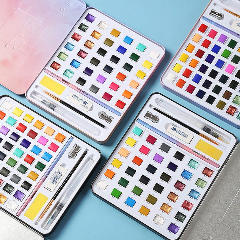 36/48 Colors Solid Watercolor Paint Set Art Pigments Painting Drawing Brush Kit