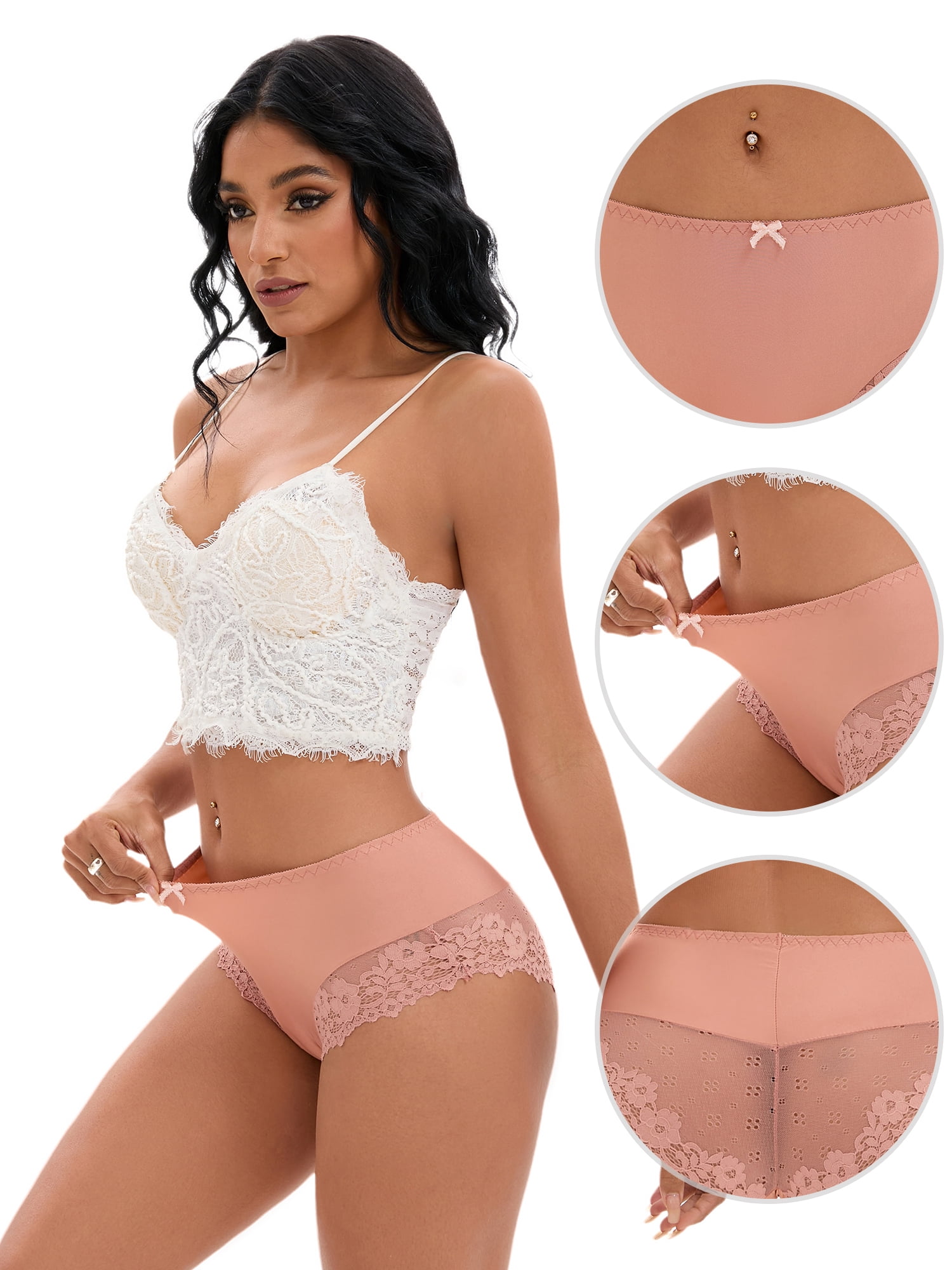 DARING DIVA Women's Lace Underwear Mid-Waisted Briefs Full Coverage Panties S Camel