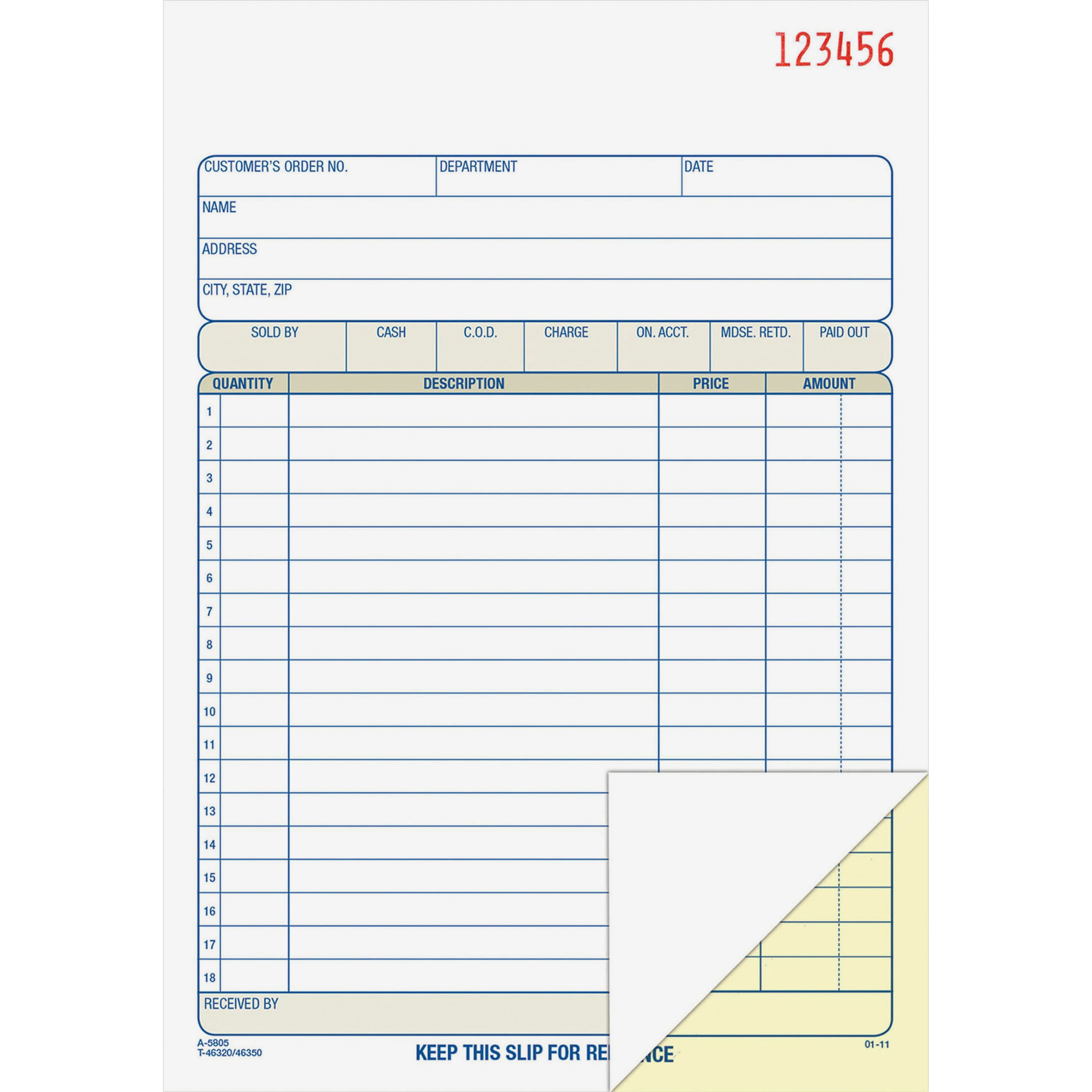 N 5.56 x 8.44 Inches D5084 50 Sheets 2-Part Adams Repair Order Book White 