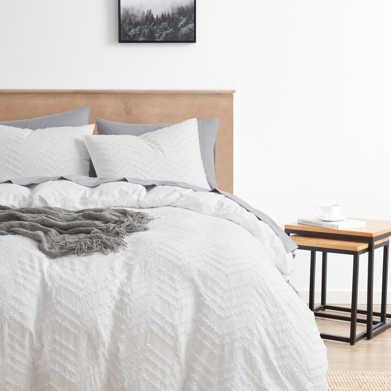 White Chevron Tufted Queen Microfiber Duvet Cover Set