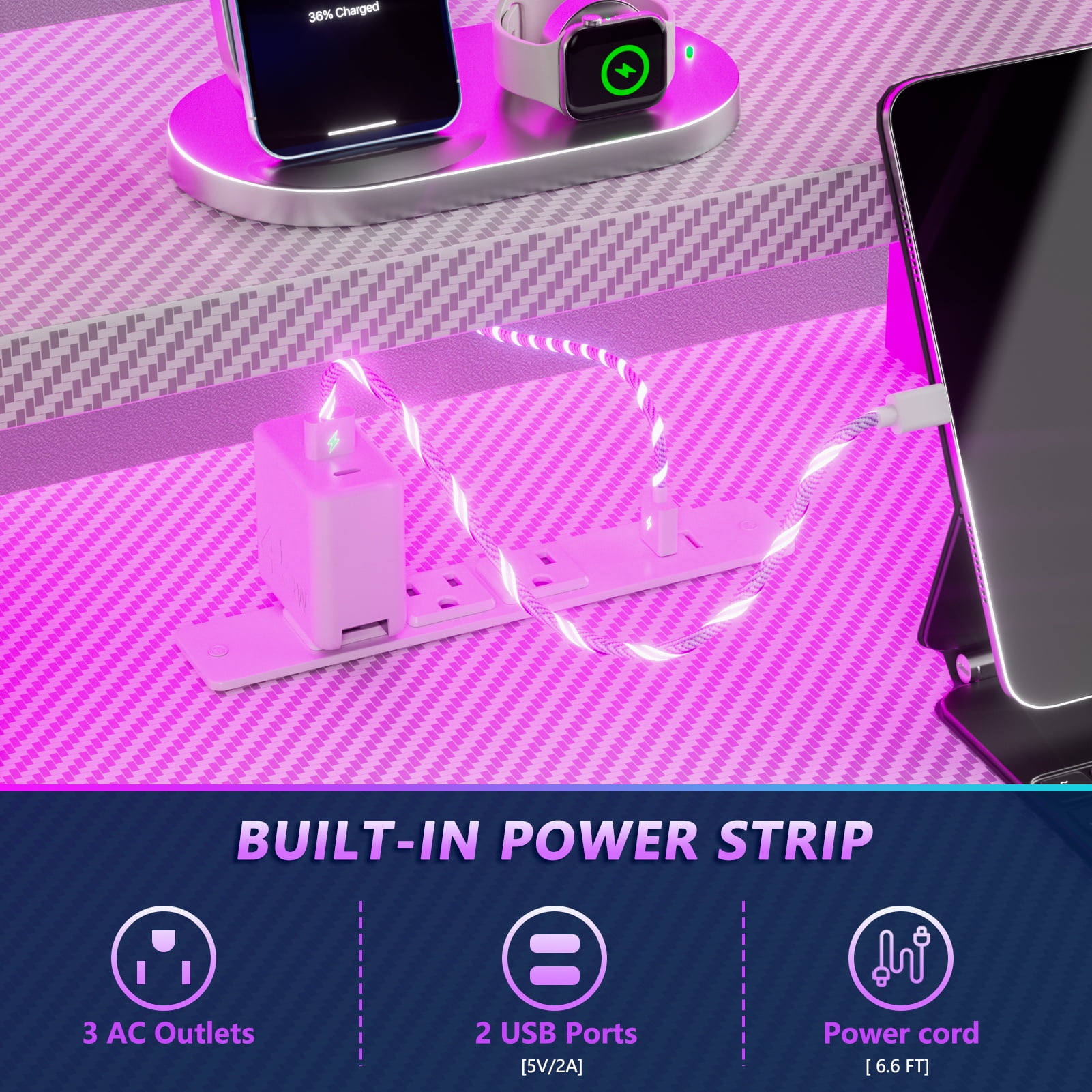 Satifur 47" Carbon Fiber Gaming Desk L-Shaped Computer Desk, RGB Lights & Power Outlets, White