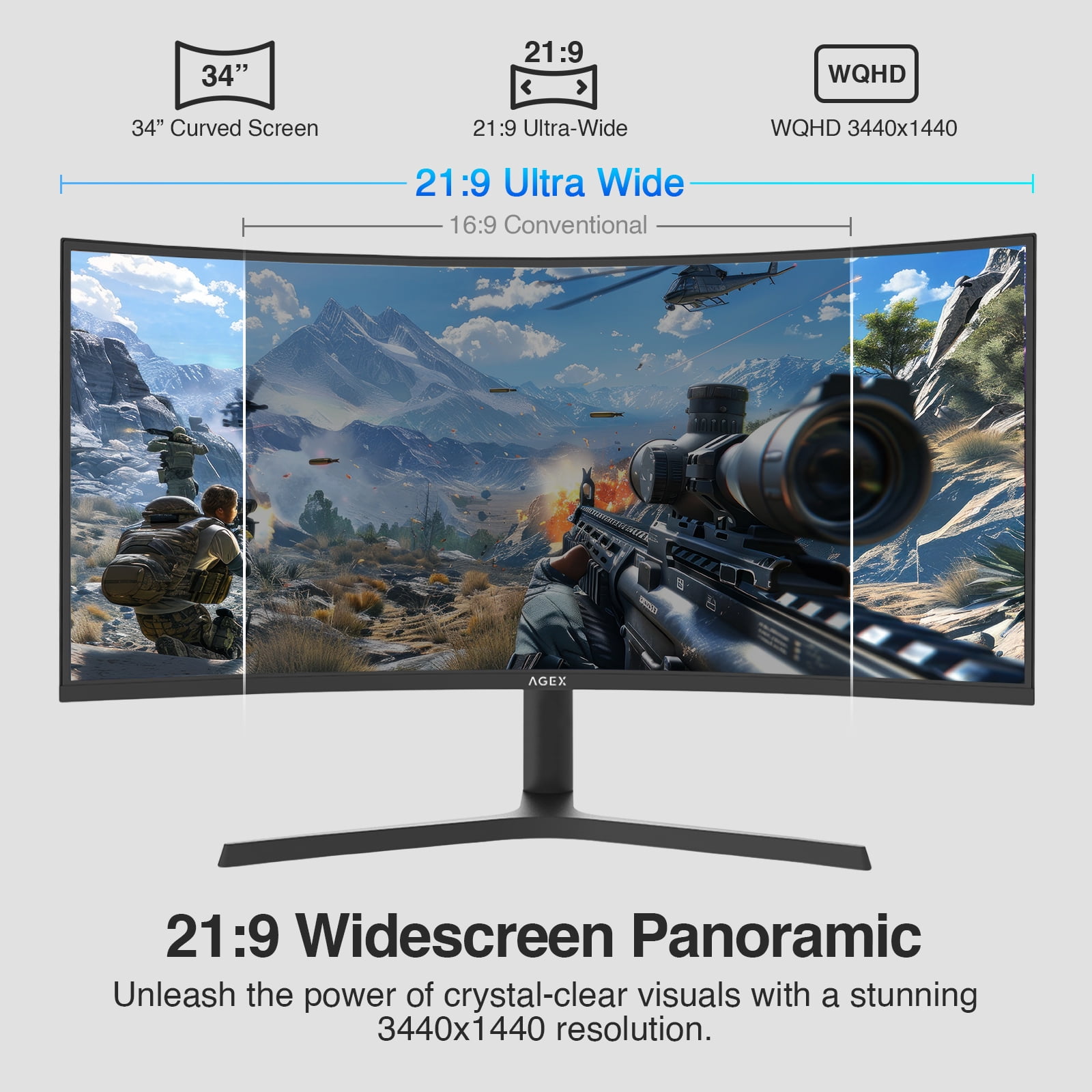 AGEX 34-Inch Curved Ultrawide Gaming Monitor - WQHD 3440x1440, 240Hz, 1ms, VA Panel, HDR, FreeSync, 100% sRGB, HDMI/DP Ports