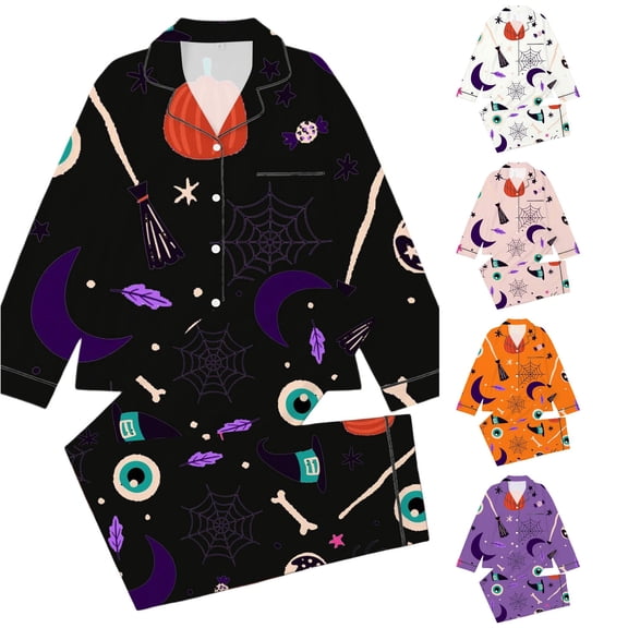 Gunia Halloween Pajamas For Little Girls 2 Piece Button Up Long Sleeve Tops With Pants Nightwear Pjs Sleepwear Black 7-8 Years