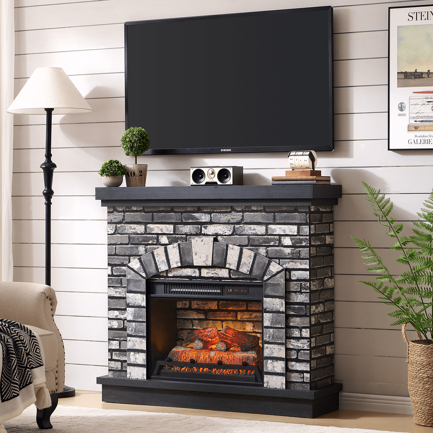 SinCiDo Electric Fireplace with Mantel for 42" TV Stand, Floor Standing Electric Indoor Fireplace