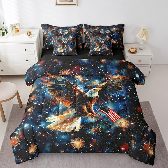 Erosebridal 3D Owl Bedding Sets Twin Size, US Flag Comforter Sets with Sheets, Fourth of July Reversible Bed Set, Lightweight Room Decorative, 7 Pieces