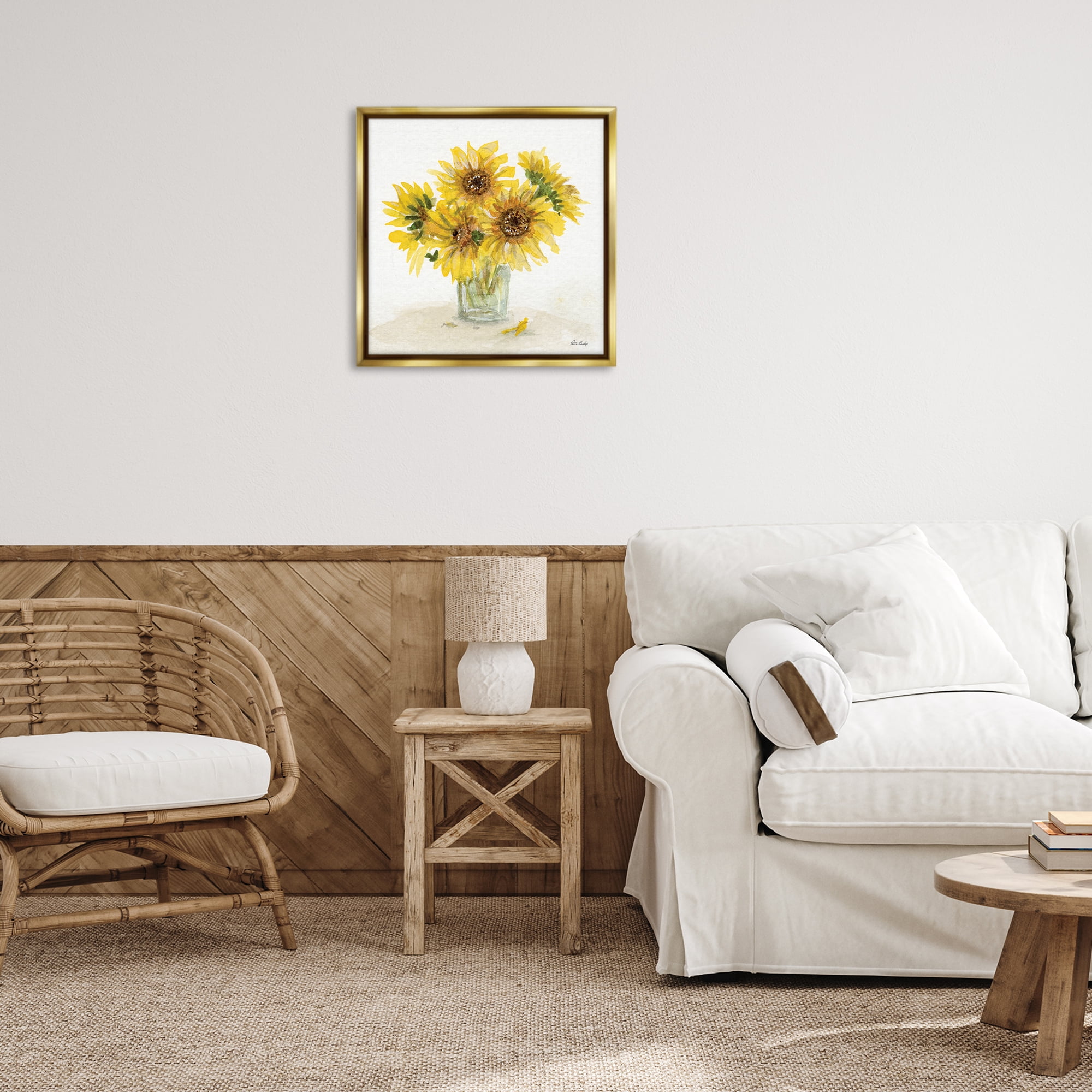 Stupell Industries Sunflower Jar Watercolor Plants & Flowers Painting Gold Floater Framed Canvas Art Print Wall Art, 25 x 25