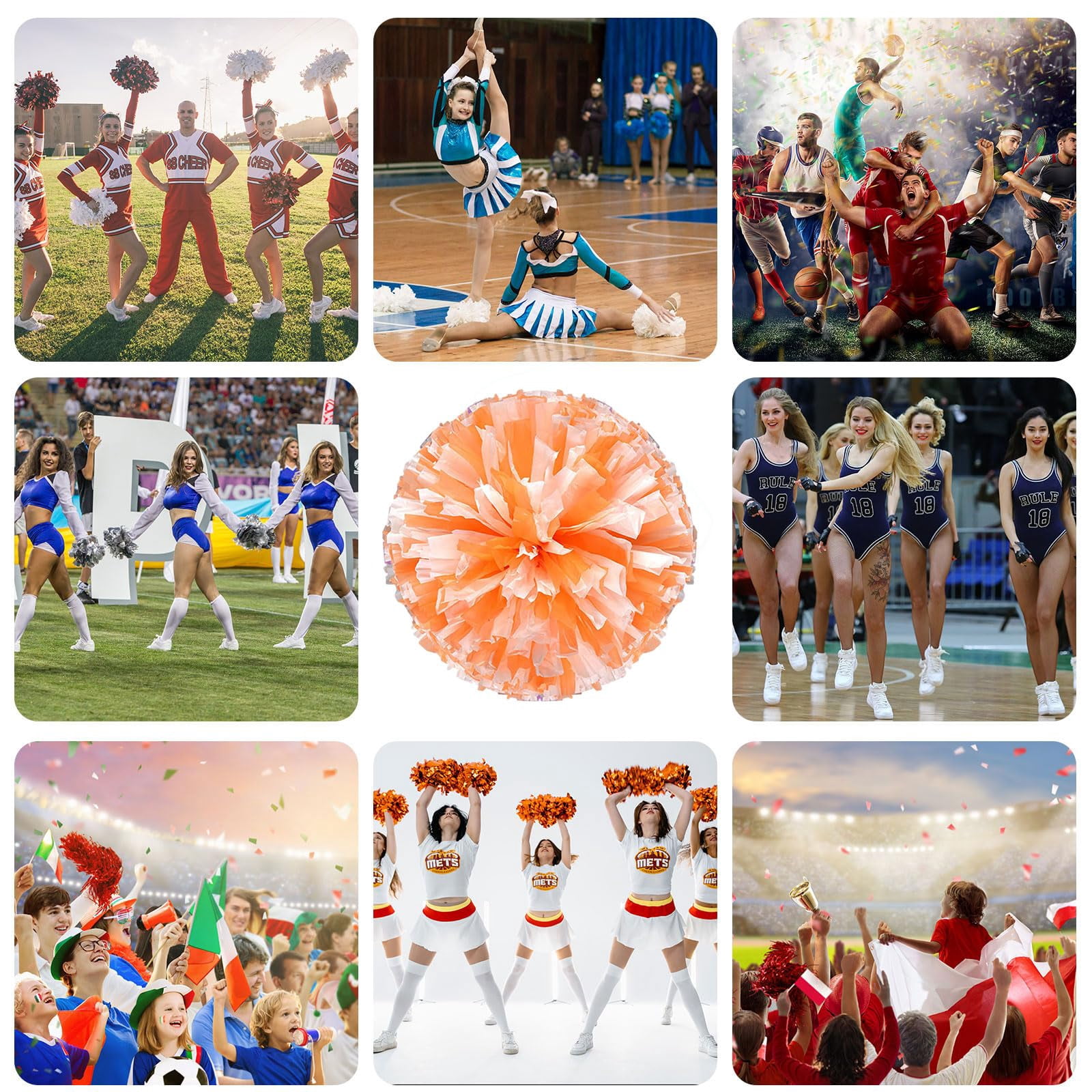 Cheer Pom Poms 8 Pcs Four Finger Handle, Cheerleading Handheld Squad Pompoms for Sports Team Cheer Spirit Games Dance Party Adults