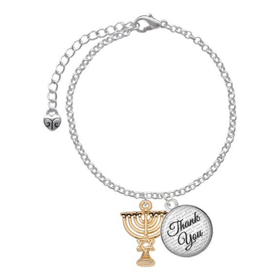 Delight Jewelry Goldtone 3-D Menorah - Domed Thank You Charm Bracelet, 6" 2"