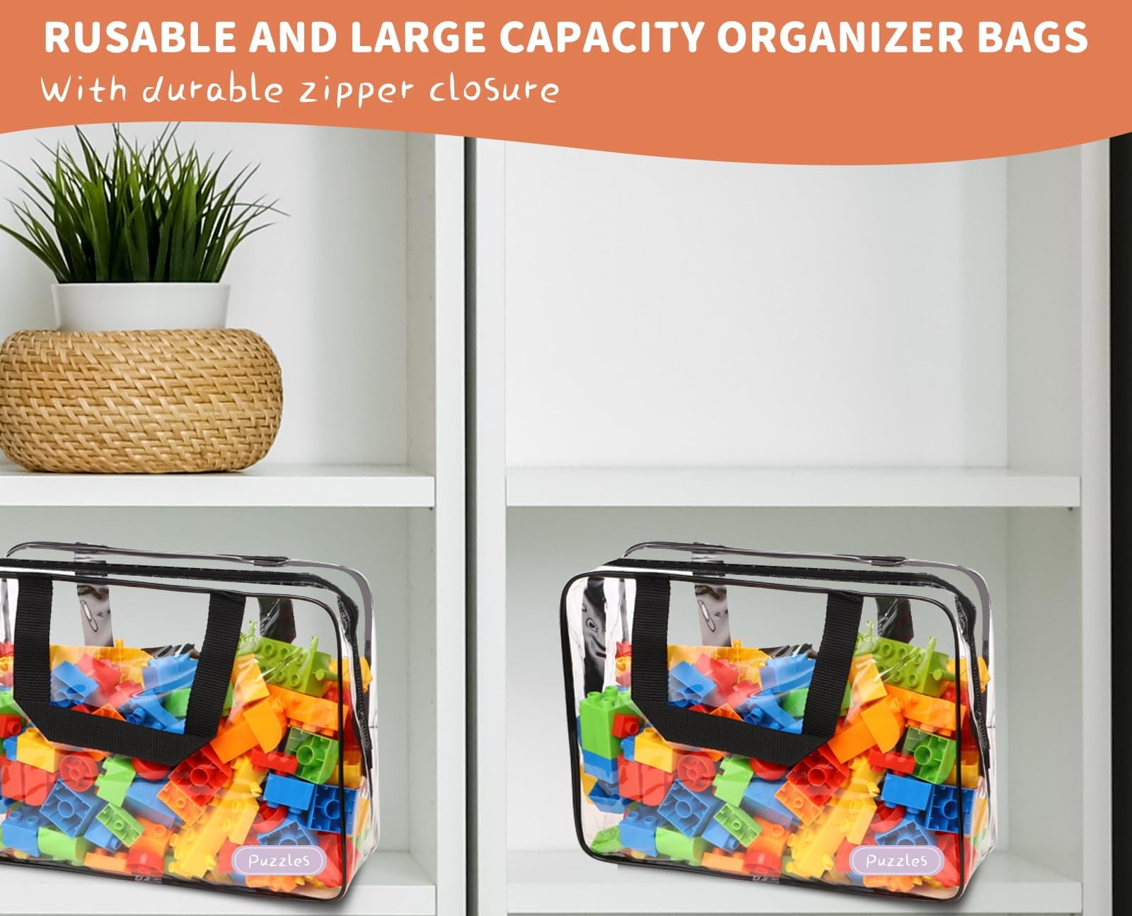 4 Pack Toy Storage Bags, Clear Zipper Bags for Organizing, Waterproof Toy Bags for Board Games, Building Blocks, Small Toys and Kids Books, Black