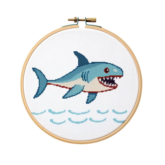 Cartoon Simple Figure Shark 11CT Stamped Cross Stitch Kits with Hoop Easy for Beginners Child Needlepoint Counted Embroidery Kits Art Craft Wall Decor 12x12IN(3)