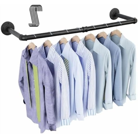 Industrial Pipe Clothing Rack 38.4", Heavy Duty Detachable Wall Mounted Clothes Rack Black Iron Garment Bar, Multi-purpose Hanging Rod for Closet Storage, Black (Two Base)