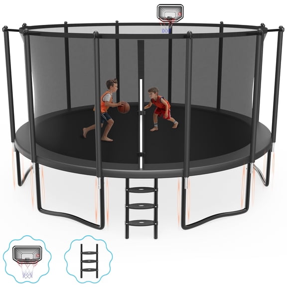 Cochan Trampoline with Enclosure for Kids and Adults, 16FT Trampoline with Basketball Hoop, Ladder, Silent Basketballs, Outdoor Heavy Duty Galvanized Trampoline, Easy Install