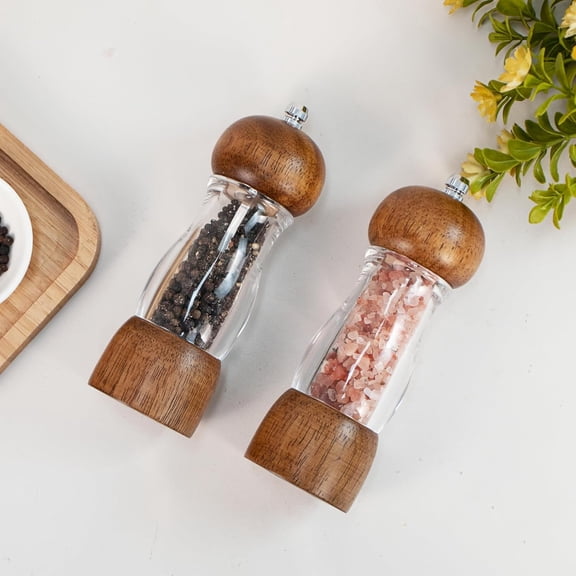 2 Pack Salt and Pepper Grinder Set, 6.7" Acrylic Salt and Pepper Mill Set with Adjustable Coarseness, Wooden Pepper Grinders Manual Slat Shakers Refillable for Kitchen Home