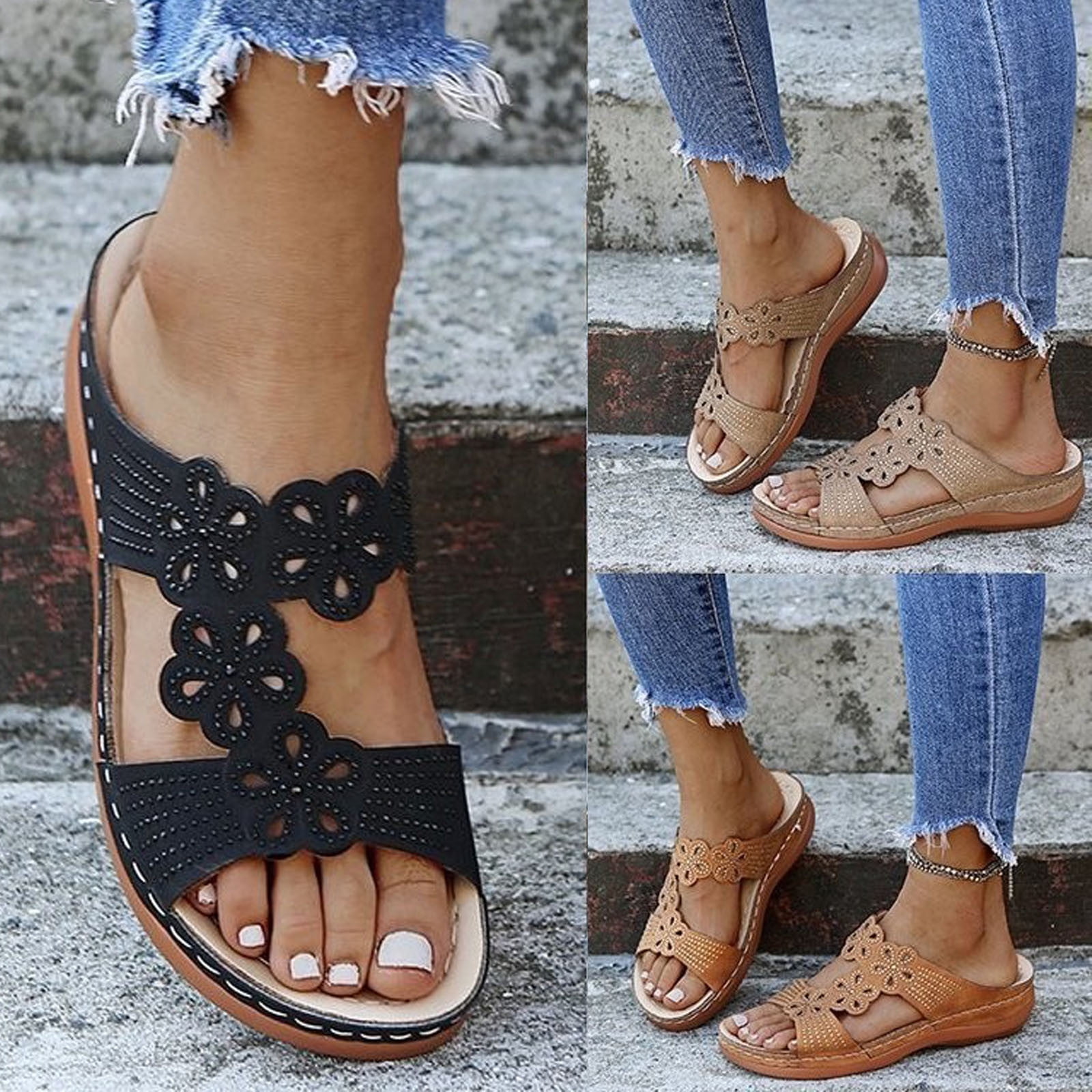 Cethrio Womens Summer Comfort Flats Sandals- Wide Width Hollow