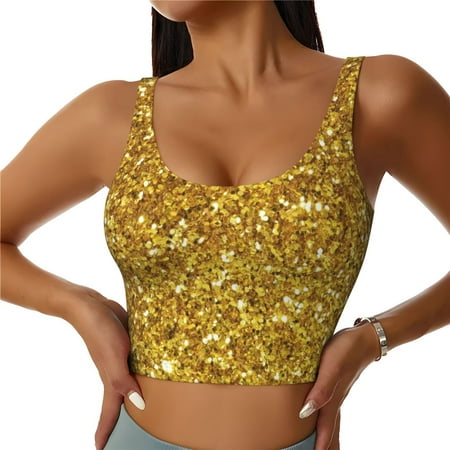 Jgfou Gold Glitter Print Womens Sports Bra - Padded Workout Sports Bras Crop Tank Top