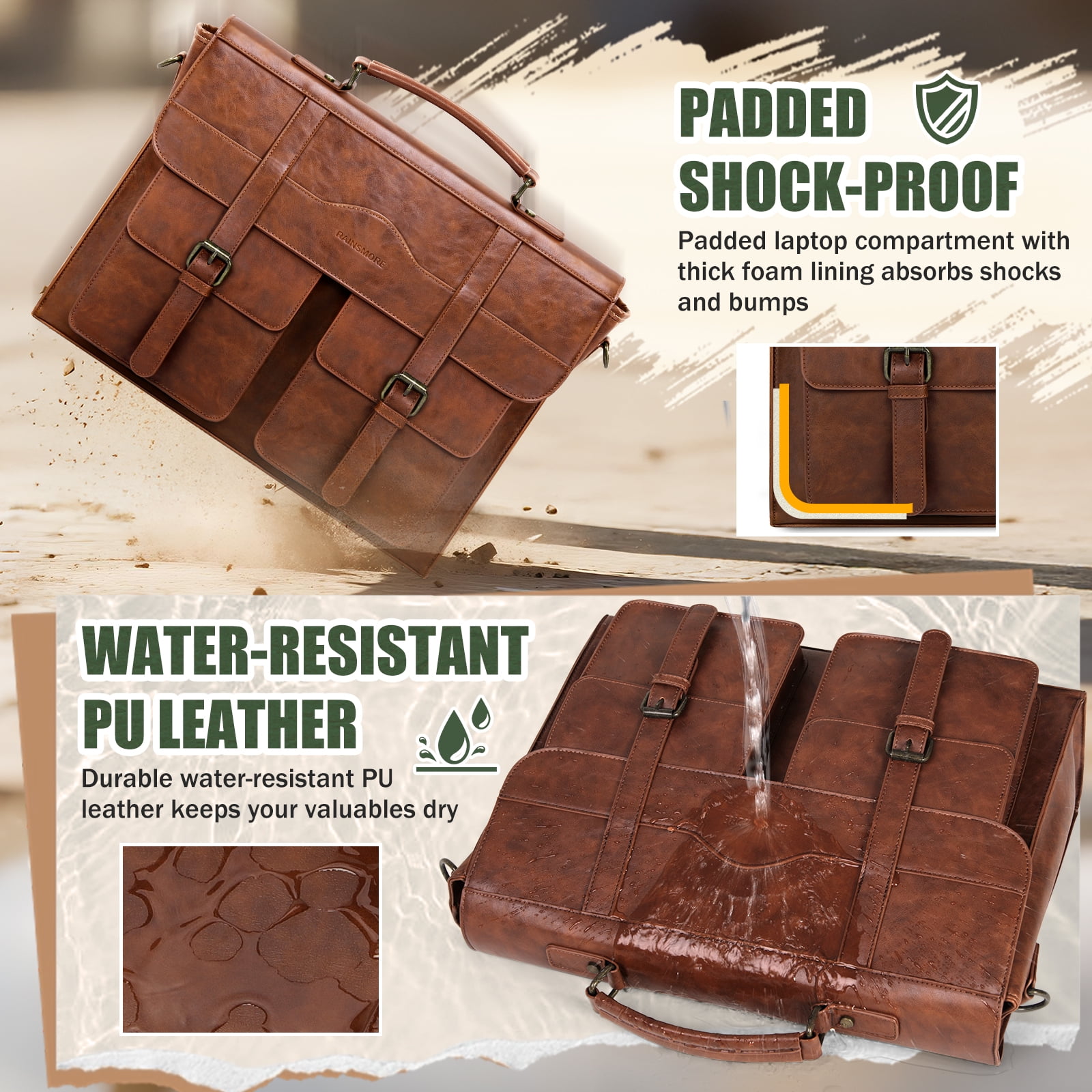 RAINSMORE Mens Messenger Bag 17 Inch Vintage Leather Laptop Bag Magnetic Closure Large Satchel Computer Briefcase Shoulder Bag,Brown