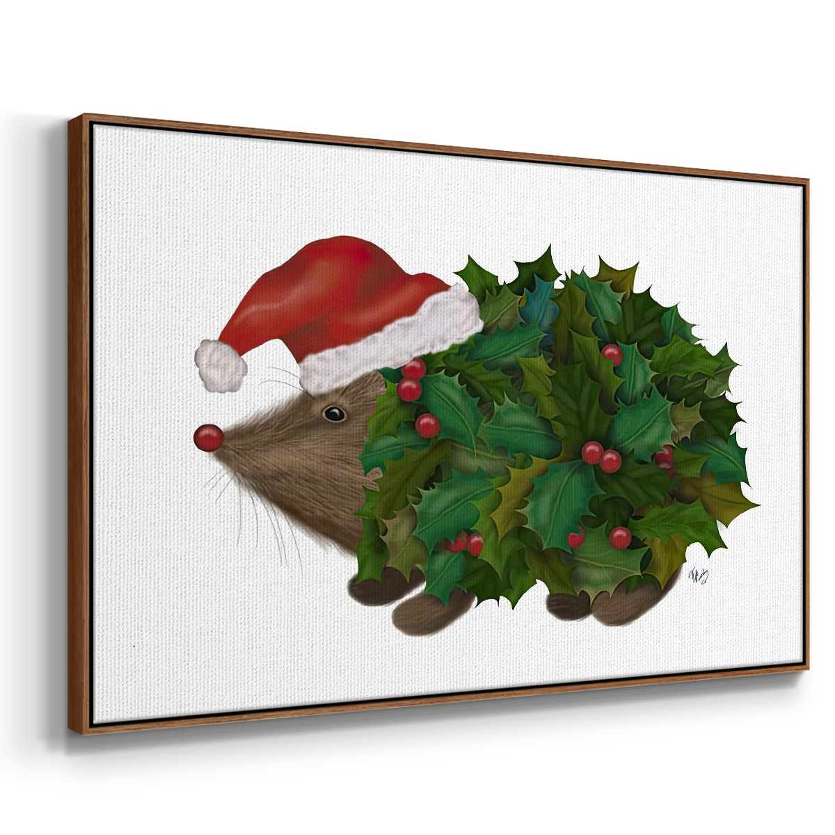 Christmas Holly Hedgehog - Framed Gallery Wrapped Holiday Canvas - 27 x 41 - Rosewood Frame