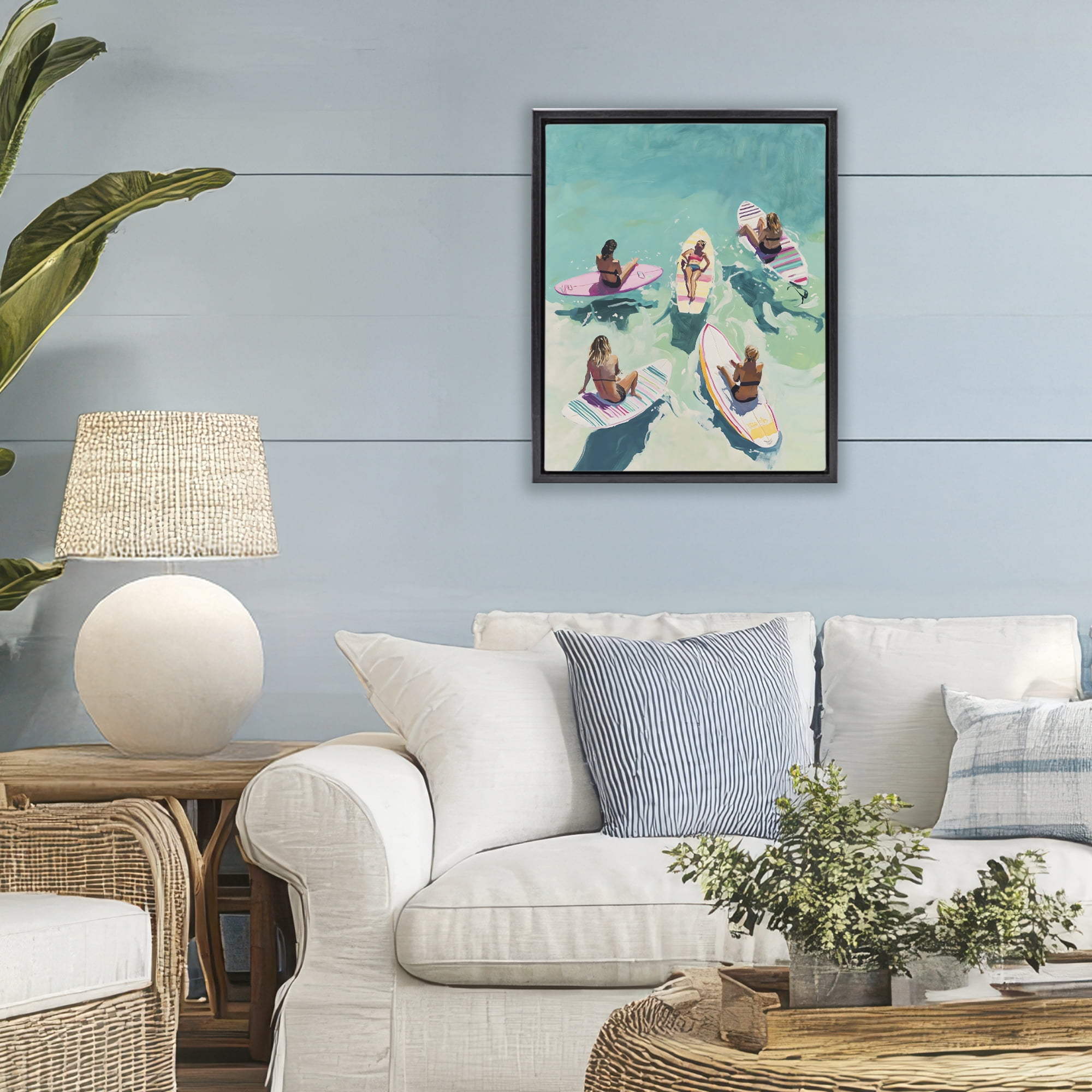 Stupell Industries Women Surfers at Turquoise Beach Black Framed Floater Canvas Wall Art, design by The Prints Vibe