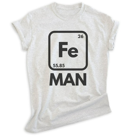 Fe Man T-shirt, Unisex Women's Men's Shirt, Funny Science Superhero Periodic Table Elements, Heather Ash, Medium