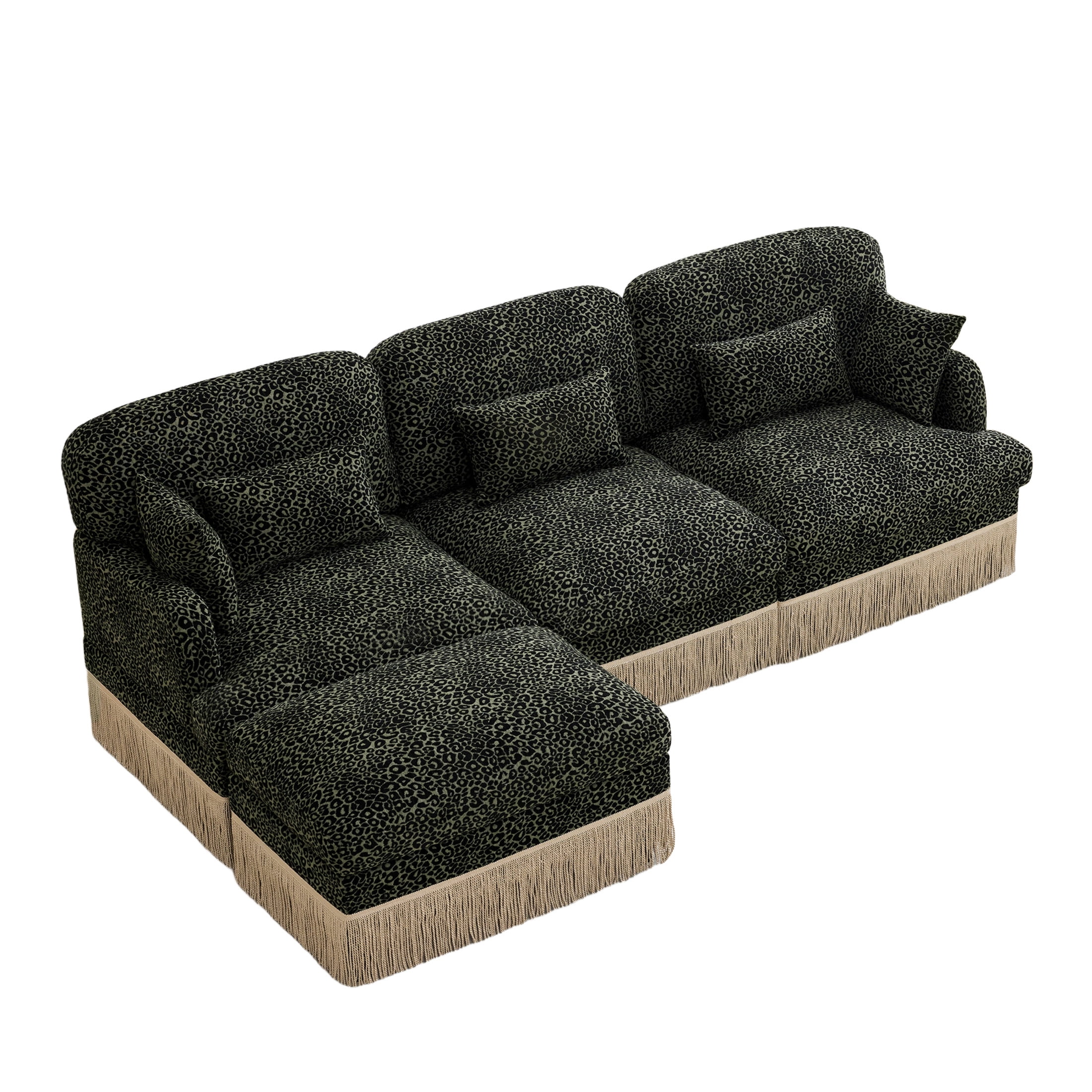 Noble House Carola Leopard Print Chenille 3-Seater Sofa, Modular Sectional Couch with Ottoman and Tassel Trim, Green