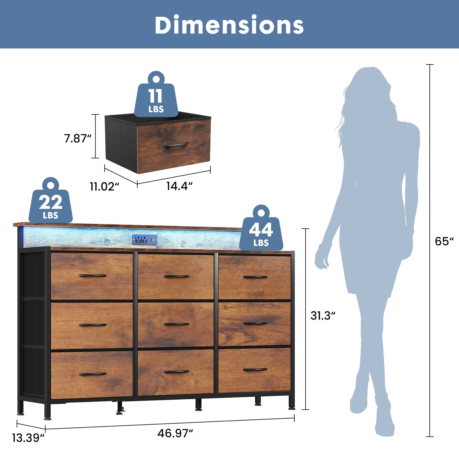 edx 9-Drawer Fabric Dresser TV Stand, Multifunctional Storage Cabinet with Power Outlets & LED Light, Rust