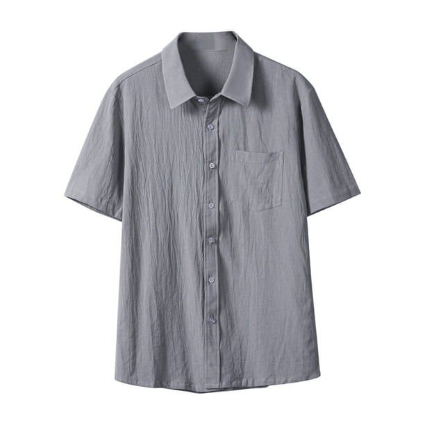 Camisa de Manga Corta Botón Arriba de los Hombres, Vacaciones Casual Color Sólido, Bolsillo Solapa Camisa de Moda