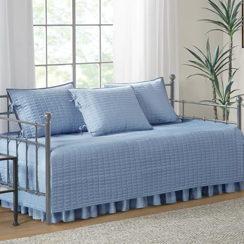 Daybed Cover- Luxe Double Sided -Quilting, All Season Cozy Bedding with Bedskirt, Matching Shams, 75'x39' Blue 5 Piece