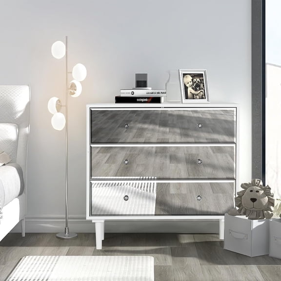 LAZZO Mirrored Nightstand with 3 Drawers, Bedside Table with Storage, Decorative Bedroom Night Stand for Bedroom & Living Room, White