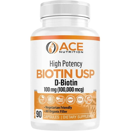 ACE Nutrition High Potency Biotin USP (D-Biotin) 100mg (100,000mcg), 90 Capsules