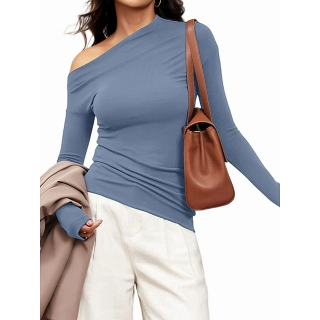 Women'S Off Shoulder Tops Dressy Long Sleeve Asymmetrical Slim Fit Going Out Fall Blouse Ruched Shirts Sea Blue S