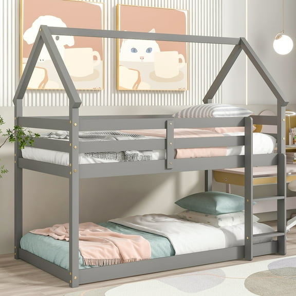 Solid Wooden, Solid Rubber Wooden Twin over Twin Floor Bunk Bed with Ladder, with Bed Platform of Strengthened Slats